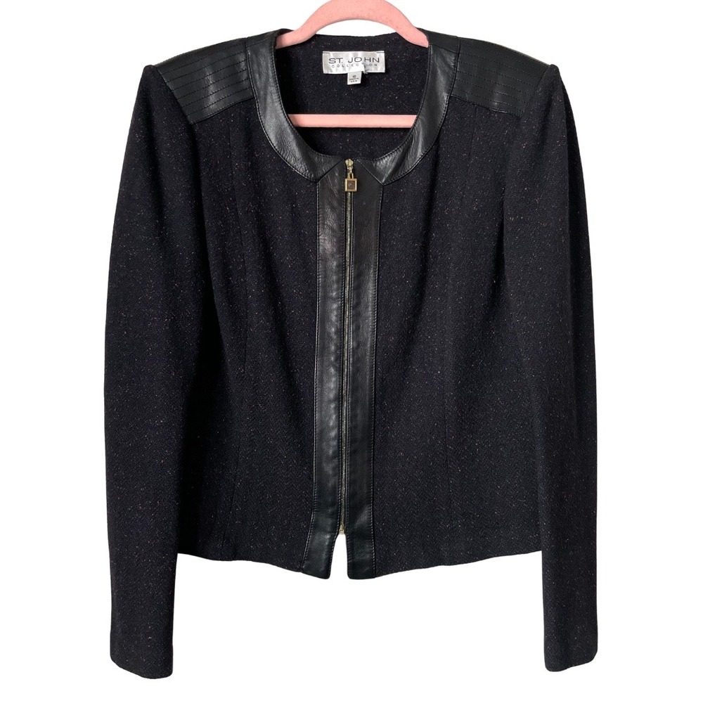 St John Jacket Womens Size 10 Brown Knit Leather Trim‎ Zip Front Preppy Luxury
